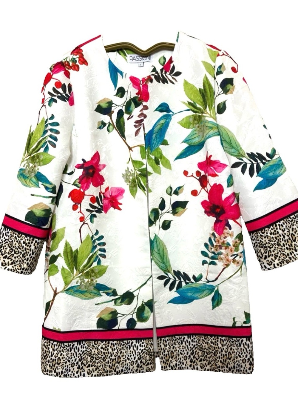 Passioni Summer Jacket Blazer White Floral & Leopard Print 3/4 Sleeve Large